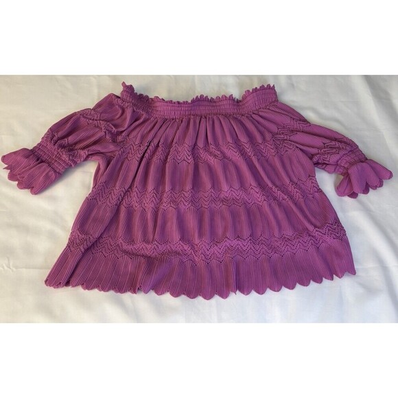 LANE BRYANT Purple Off Shoulder Top Women 26/28 Smocked Scallop Lace 3/4 Sleeve - Picture 2 of 10